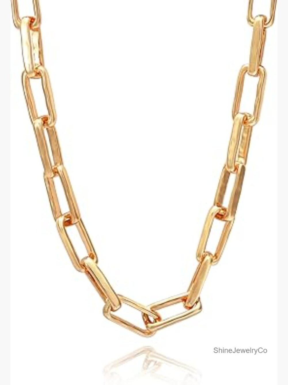 Paperclip Chain Necklace 17" 18K Gold Plated Chunky Link Hammered Texture